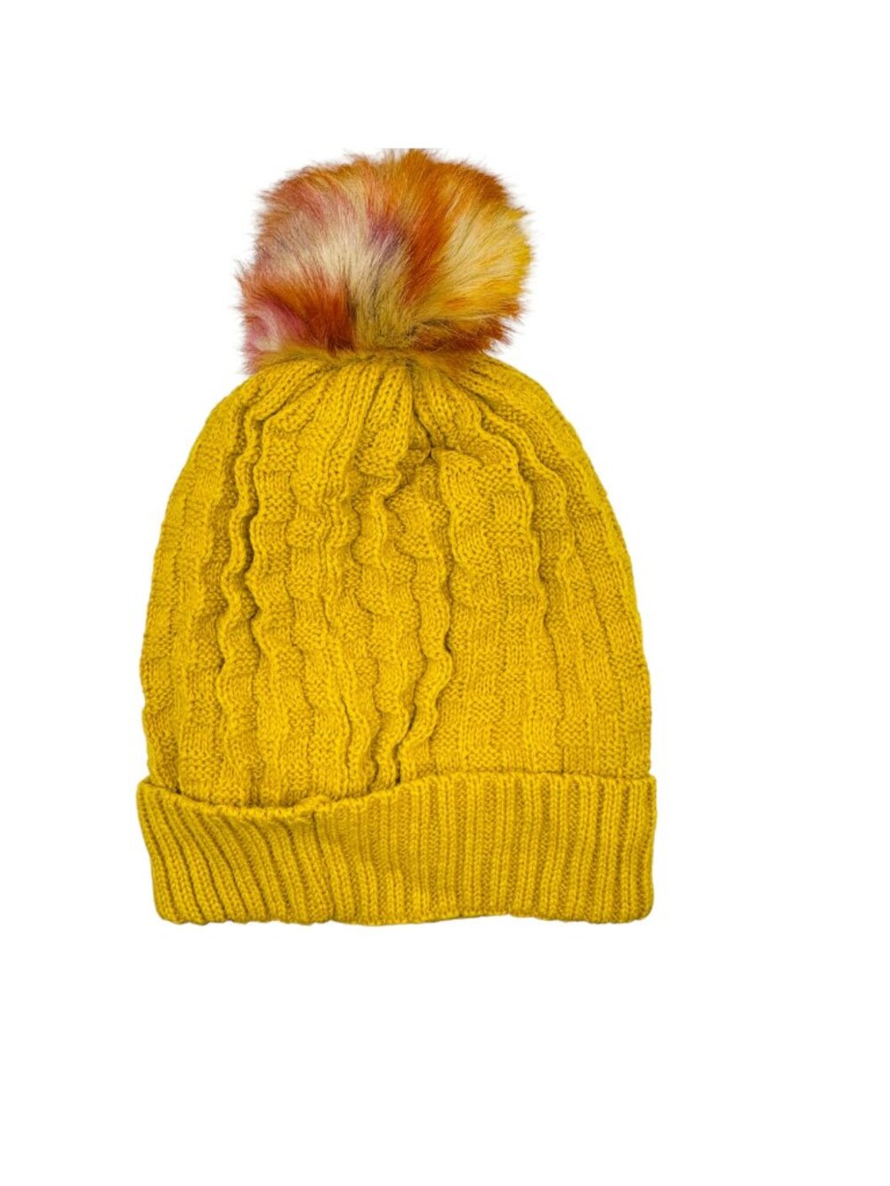 Yellow Cable-Knit Pom-Pom Beanie Hat With Faux Fur & Soft Lining By BY:KY